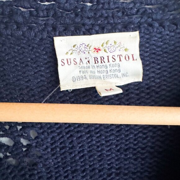 Vintage Susan Bristol Navy Blue Floral Beaded Cardigan M - Picture 5 of 9